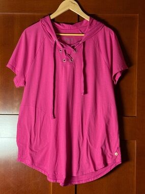 Lane Bryant LIVI Soft Short Sleeve Pink Lace Up Hoodie Size 14/16